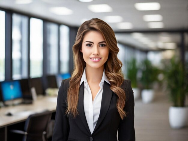 Una joven mujer de negocios sonriente en la oficina. Foto de retrato interior.