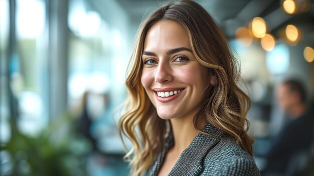 Foto una joven mujer de negocios sonriente de pie en una oficina