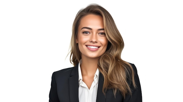 Joven mujer de negocios sonriente posando aislada sobre fondo blanco IA generativa