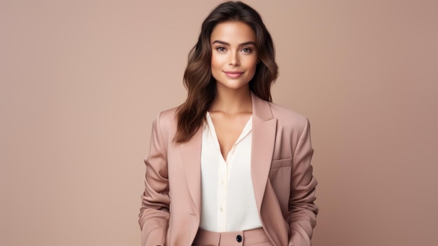 Joven mujer de negocios sonriente posando sobre un fondo de color suave IA generativa