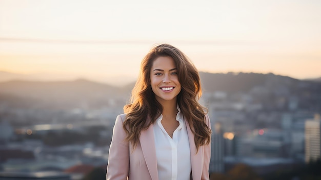 Joven mujer de negocios sonriente posando sobre un fondo de color suave IA generativa