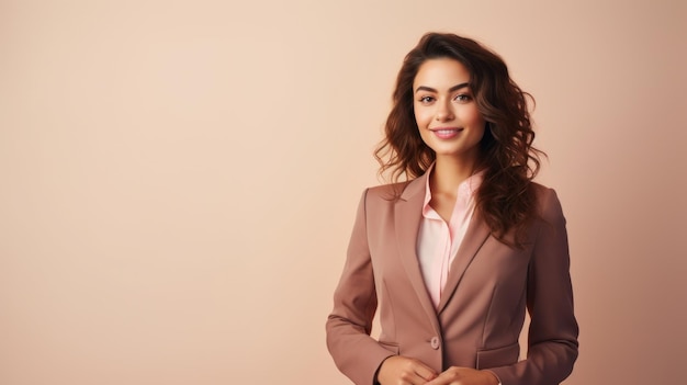 Joven mujer de negocios sonriente posando sobre un fondo de color suave IA generativa