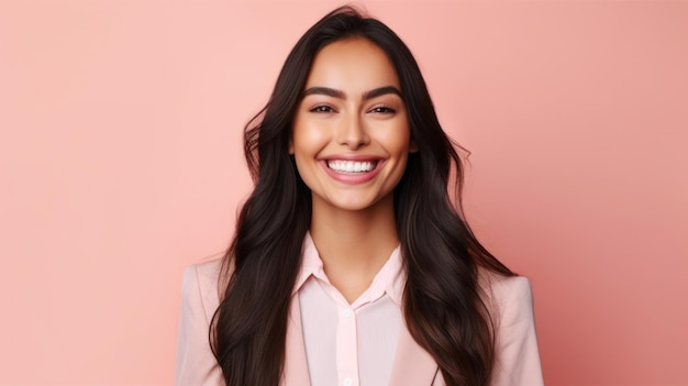 Joven mujer de negocios sonriente posando sobre fondo de color suave