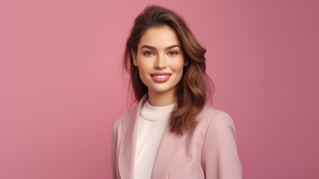 Joven mujer de negocios sonriente posando sobre fondo de color suave