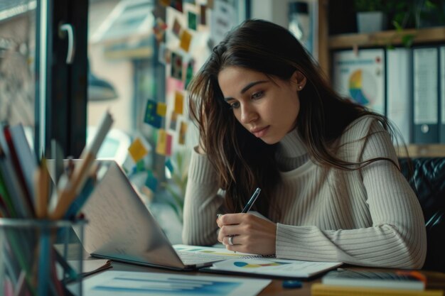 Foto joven mujer de negocios tomando notas en la mesa con una computadora portátil