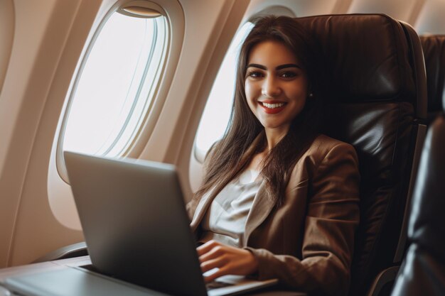 Joven mujer de negocios trabajando con una computadora portátil en un jet privado de lujo