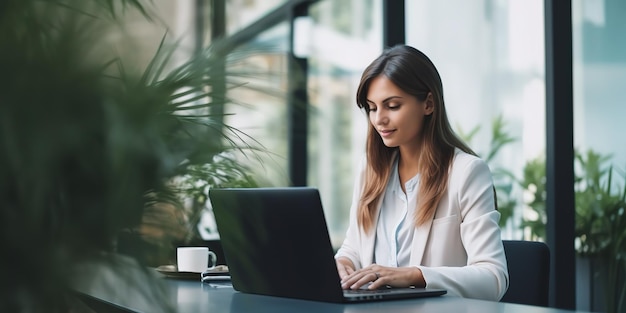 Joven mujer de negocios trabajando en una computadora portátil sentada en la oficina