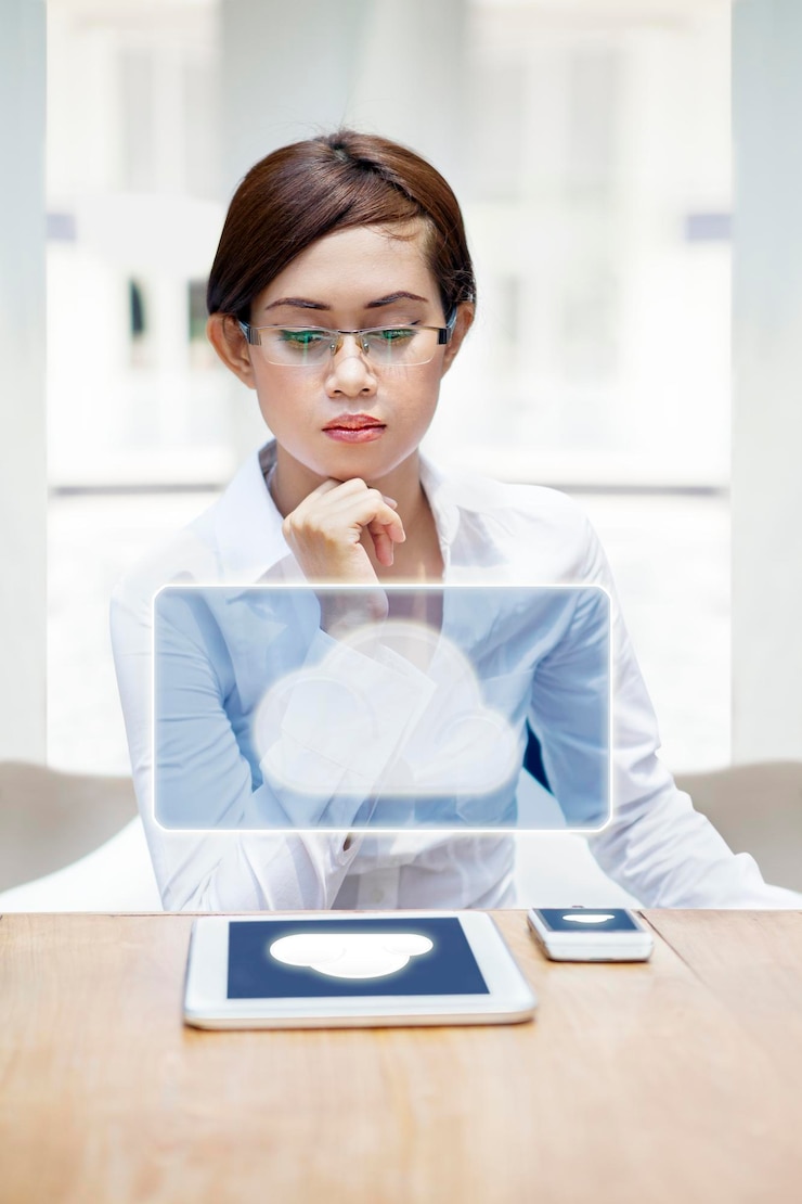 Foto joven mujer de negocios usando una tableta digital en la mesa