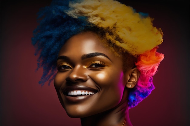 Joven mujer negra con cabello colorido sonriendo felizmente AI