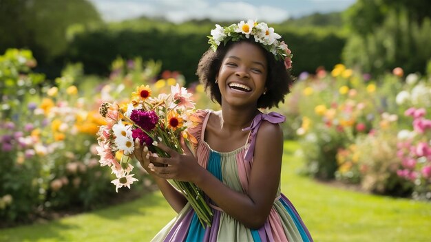 Foto joven mujer negra feliz rodeada de flores