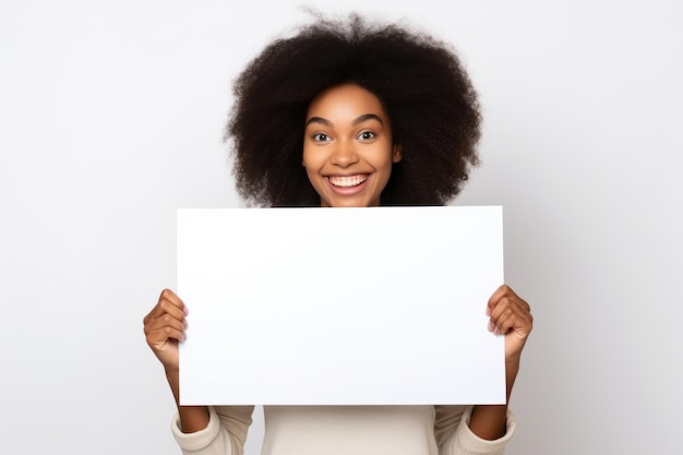 Joven mujer negra feliz sosteniendo una pancarta blanca en blanco señal de retrato de estudio aislado