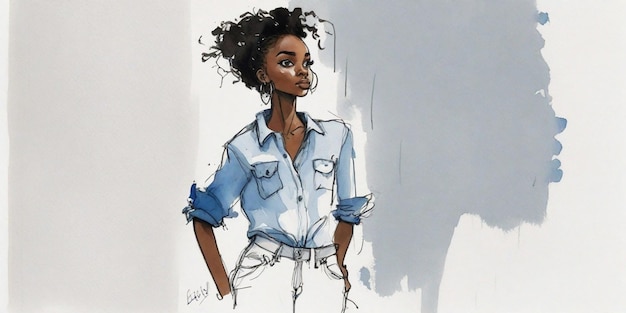 joven mujer negra moderna posando con jeans azules ilustración de líneas negras audaces