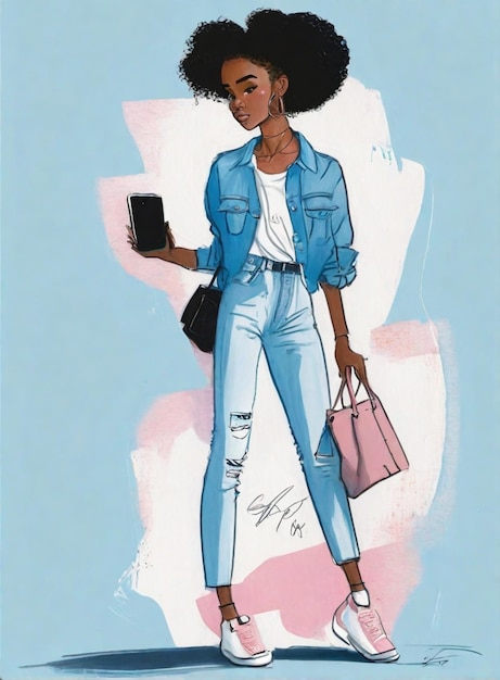 joven mujer negra moderna usando un teléfono inteligente con jeans azules líneas negras en negrita ilustración