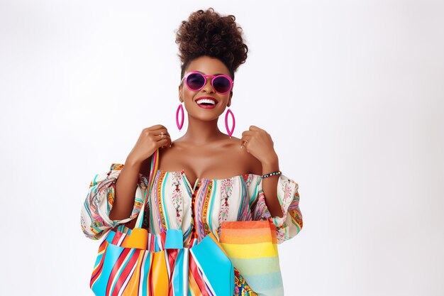 Foto joven mujer negra con trajes coloridos sonriendo con bolso y gafas de sol sobre fondo blanco