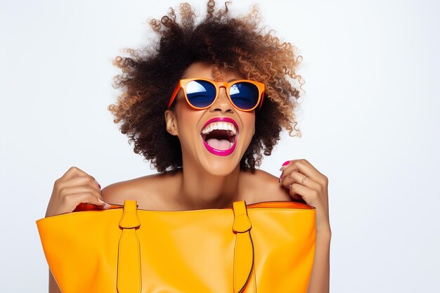 Foto joven mujer negra con trajes coloridos sonriendo con bolso y gafas de sol sobre fondo blanco