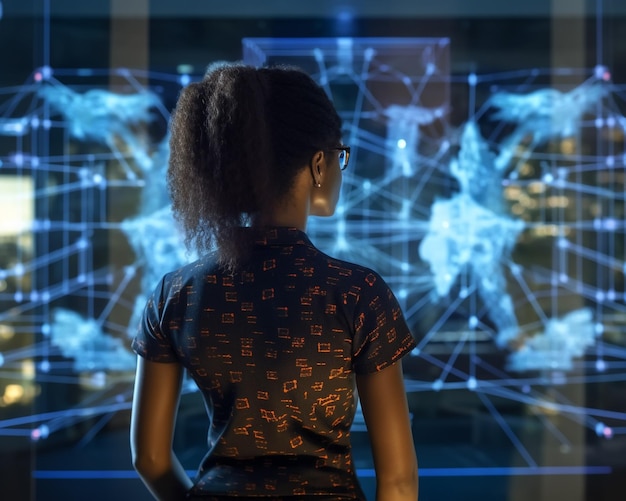 Joven mujer negra usa inteligencia artificial en el centro de monitoreo de control del sistema en segundo plano con muchas pantallas que muestran datos técnicos