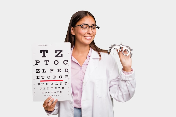 Foto joven mujer oculista caucásica con una prueba de optometría y gafas aisladas