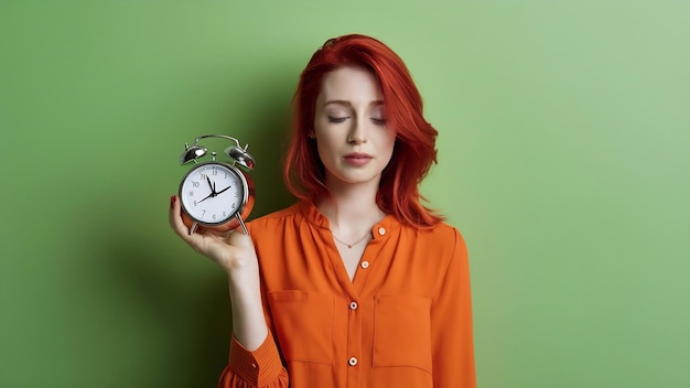 Foto joven mujer pelirroja con una blusa naranja casual en la pared verde sosteniendo un despertador soñoliento y cansado