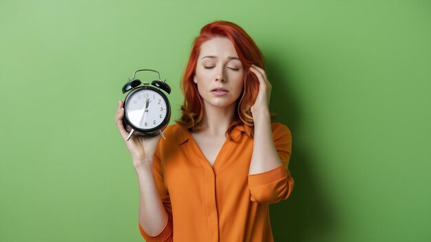 Foto joven mujer pelirroja con una blusa naranja casual en la pared verde sosteniendo un despertador soñoliento y cansado
