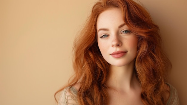 Joven mujer pelirroja posando aislada sobre un fondo de pared beige El cabello vibrante enmarca su cara mientras está de pie con equilibrio creando un retrato cautivador y llamativo