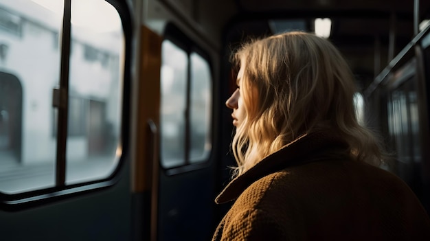 Joven mujer rubia en el autobús pensando en el transporte público AI generativa