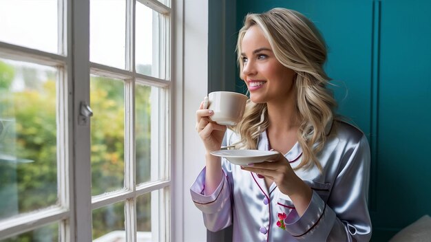 Joven mujer rubia bebiendo té café y mirando a través de la gran ventana feliz buen día en casa