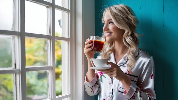 Joven mujer rubia bebiendo té café y mirando a través de la gran ventana feliz buen día en casa