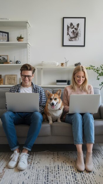 Un joven y una mujer sentados en el sofá con un corgi y usando computadoras portátiles