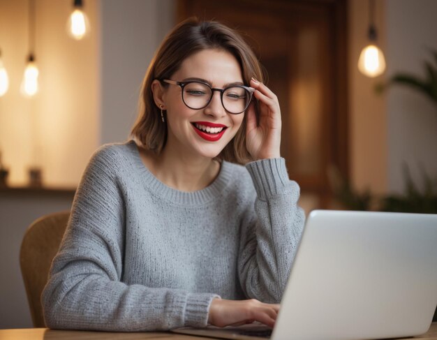 Una joven mujer sonríe con una computadora portátil en una cafetería.