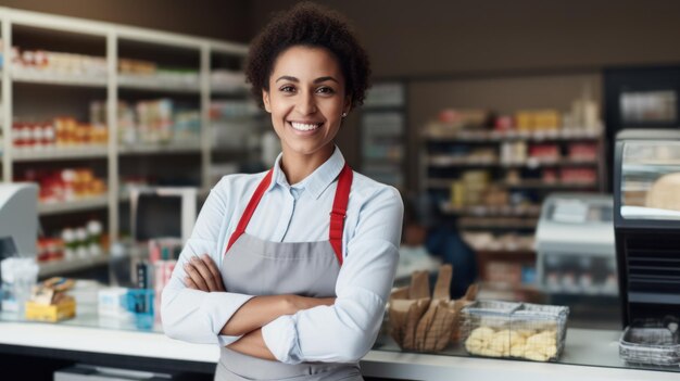 Foto una joven mujer sonriente estaba de pie frente al mostrador con los brazos cruzados a un trabajador del supermercado mirando a la cámara