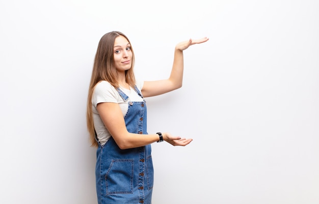 Joven mujer sosteniendo un objeto con ambas manos en el espacio de copia lateral, mostrando, ofreciendo o publicitando un objeto en la pared blanca