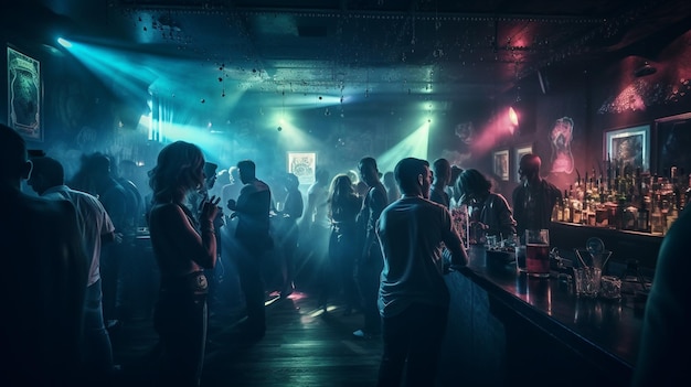 Joven y mujer teniendo una fiesta en un club nocturno hablando y divirtiéndose ai generativo