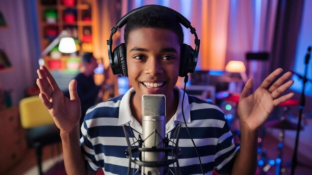 Joven músico con auriculares saludando al público antes de un concierto en línea o una prueba de sonido en casa