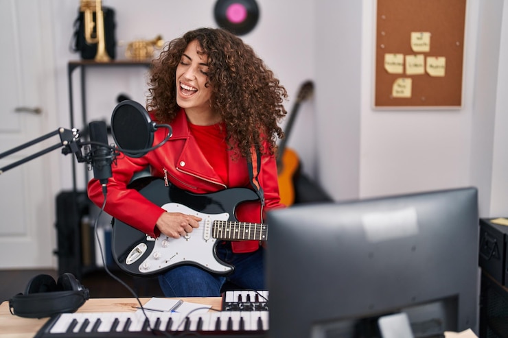 Foto joven músico hispano cantando canciones tocando guitarra eléctrica en el estudio de música