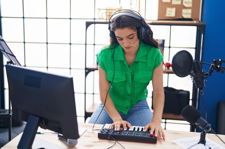 Foto joven músico hispano con sesión de dj en el estudio de música