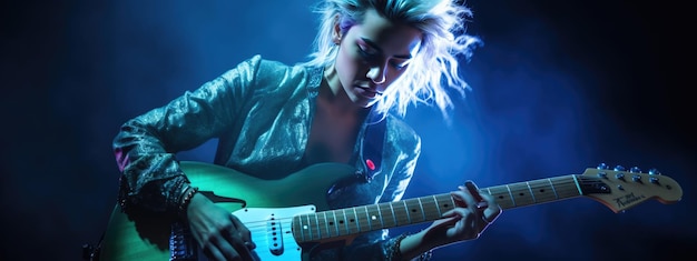 Foto joven músico mujer tocando la guitarra en un concierto de rock