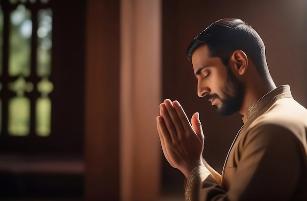 Joven musulmán orando en la habitación oscura con las manos cruzadas en oración
