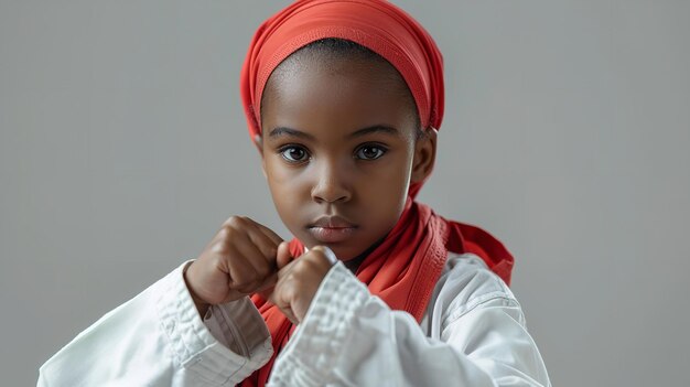 Una joven musulmana africana con hijab aprendiendo karate contra un telón de fondo blanco limpio con espacio para texto o producto IA generativa