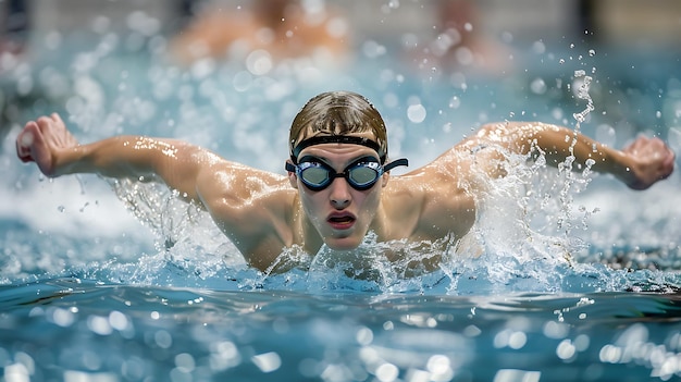Joven nadador masculino con gafas de protección y gorra de natación nadando el golpe de mariposa en una piscina