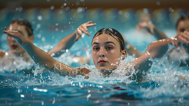 Una joven nadadora sincronizada actuando en el agua
