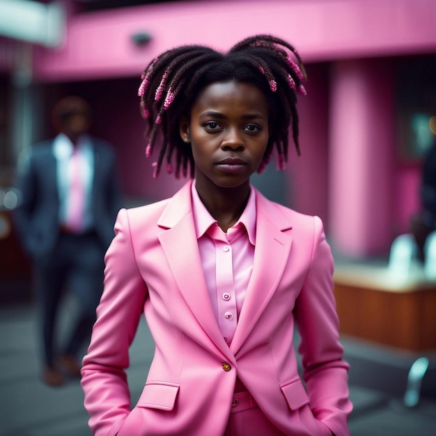 Una joven negra africana con traje rosa de fondo rosa