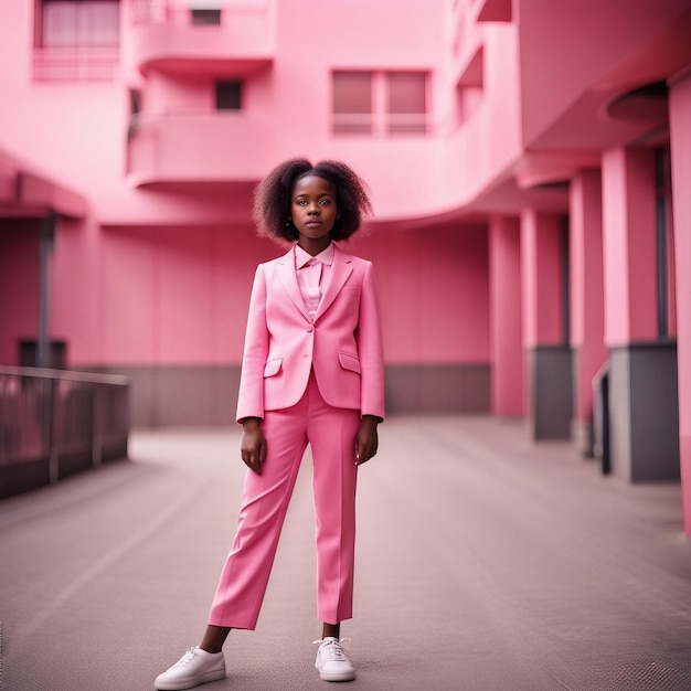 Una joven negra africana con traje rosa de fondo rosa
