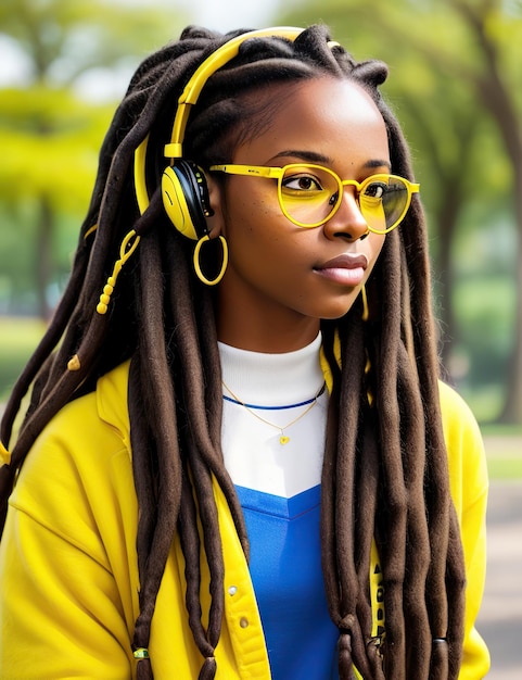 joven negra con cabello largo y rastas usando audífonos y lentes amarillos en la espalda de la naturaleza