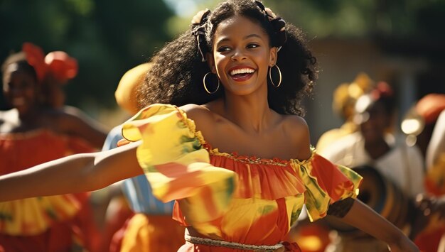 Una joven negra con el cabello largo y rizado en un disfraz brillante baila en un carnaval con una sonrisa en la cara