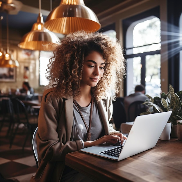 Joven negra con cabello rizado trabajando con una computadora portátil mientras está sentada en un café en el interior