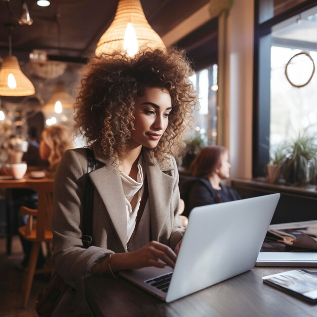 Joven negra con cabello rizado trabajando con una computadora portátil mientras está sentada en un café en el interior