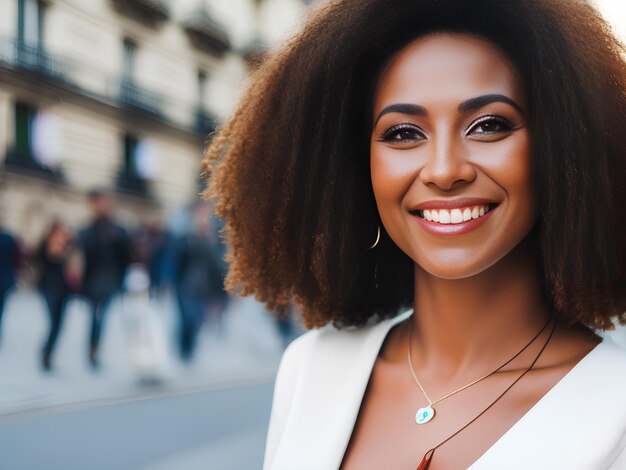 Joven negra con dientes blancos en el fondo borroso de la ciudad