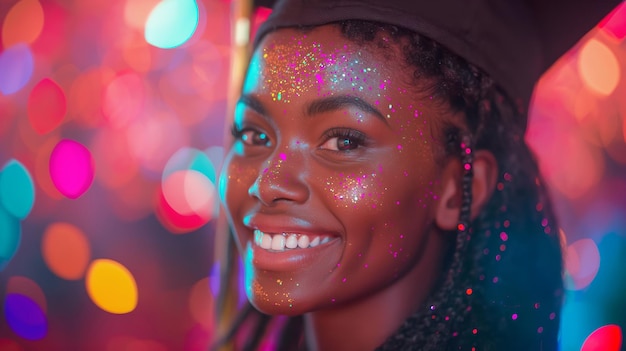 Una joven negra estadounidense con una gorra de graduación bailando en la fiesta con fondo de bokeh festivo