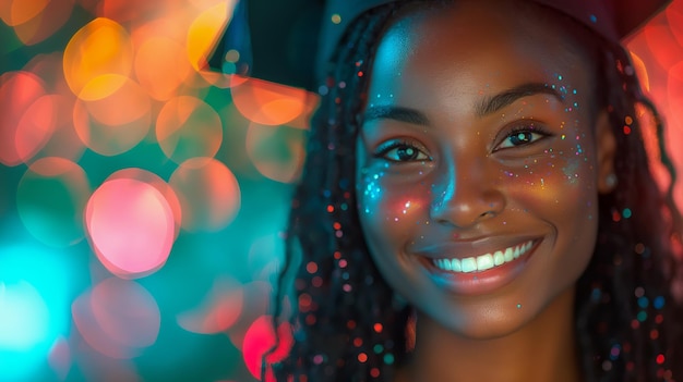 Una joven negra estadounidense con una gorra de graduación bailando en la fiesta con fondo de bokeh festivo