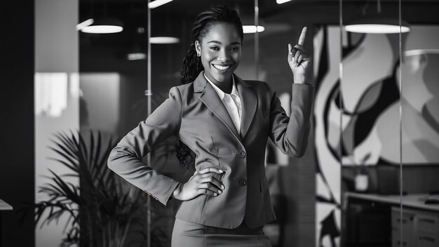 Una joven negra feliz y exitosa posando en la oficina.